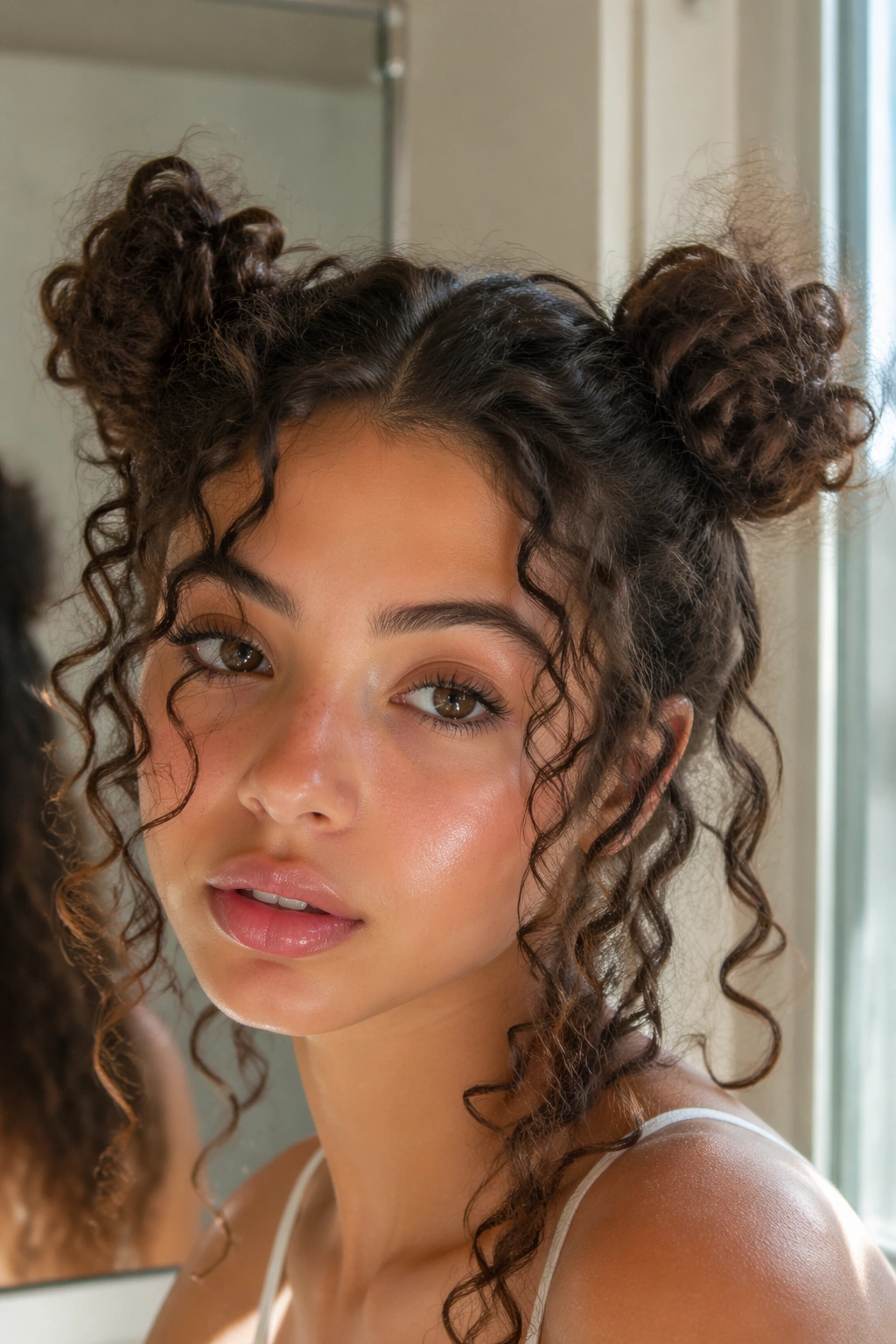 Double mini buns with loose curls in a bathroom mirror