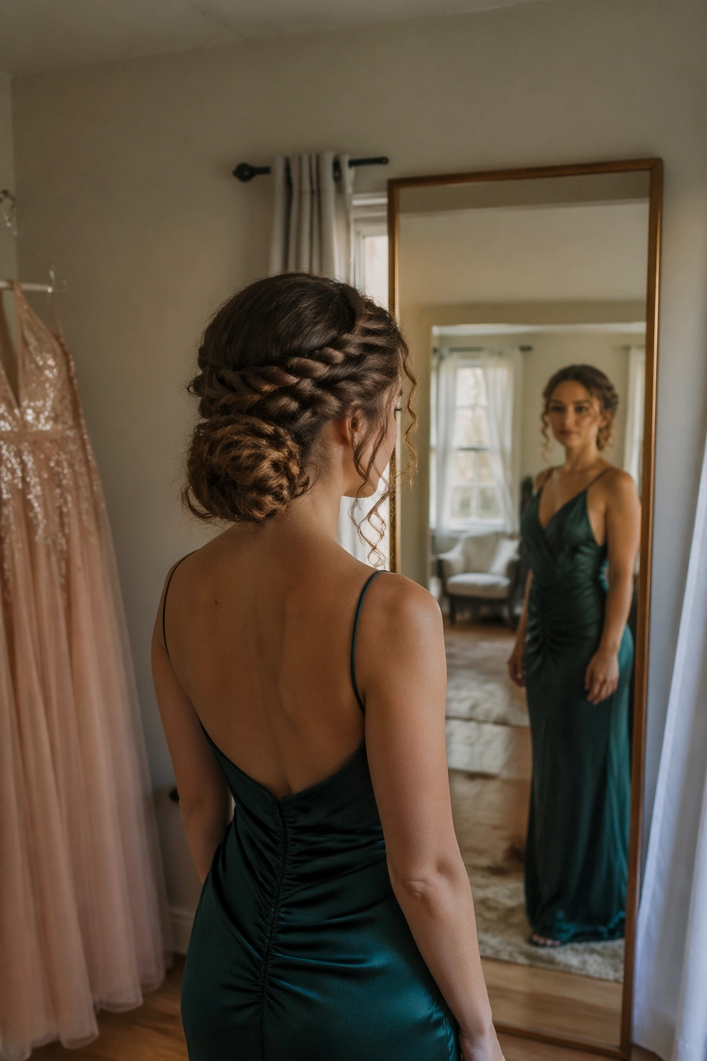 Twisted crown into a low knot hairstyle in a dressing room