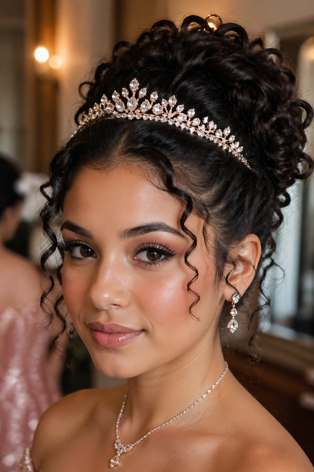 Close-up of a real woman's curly updo with tiara in soft lighting.