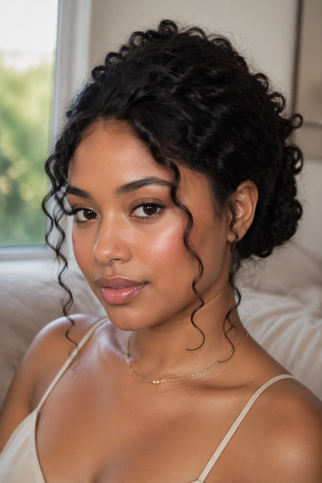Close-up portrait of a real woman wearing a curly closure wig with a low updo and leave-out tendrils at the temples