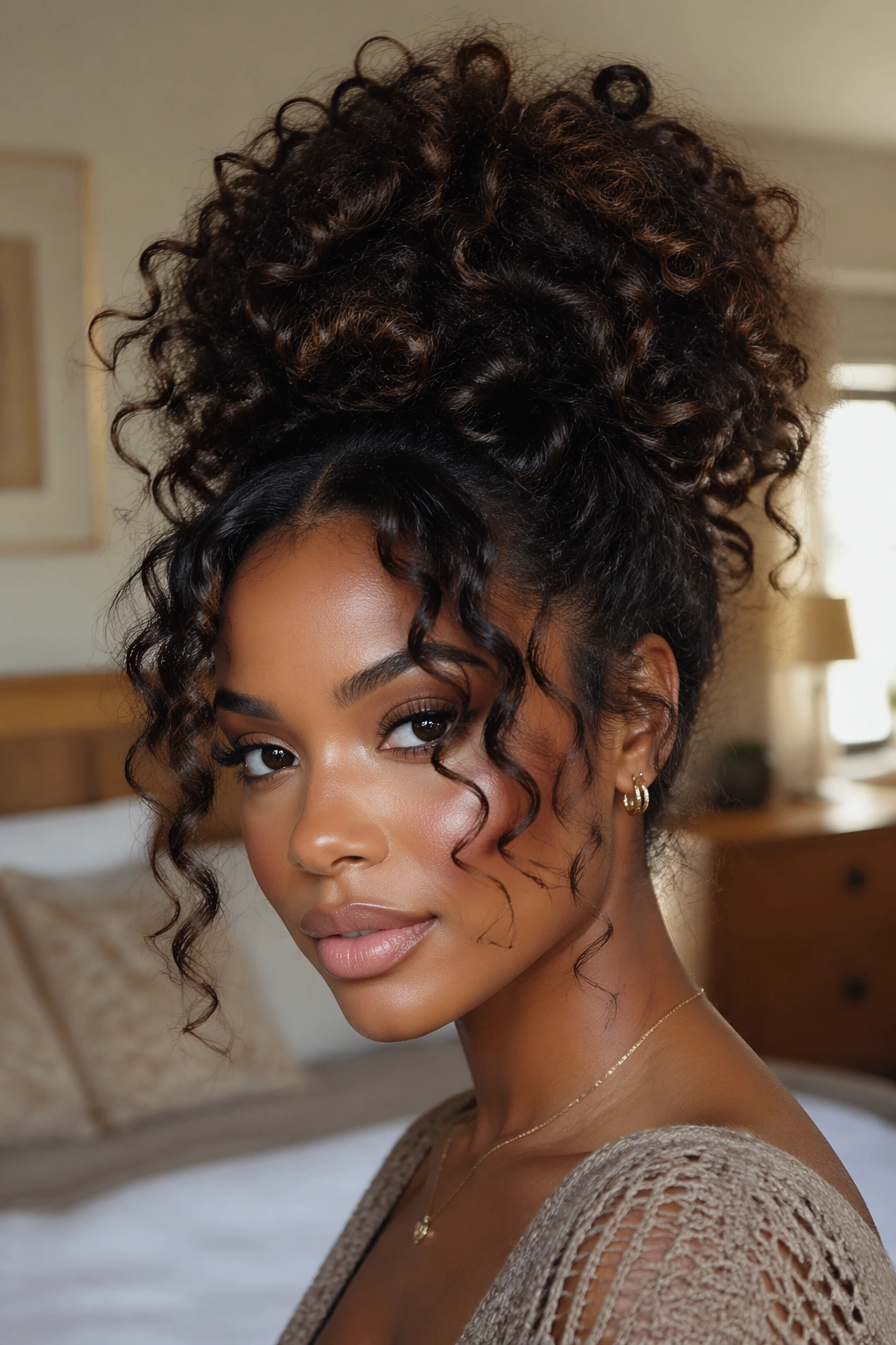 Close-up portrait of a Black woman with a big curly updo and face-framing tendrils in a sunlit bedroom