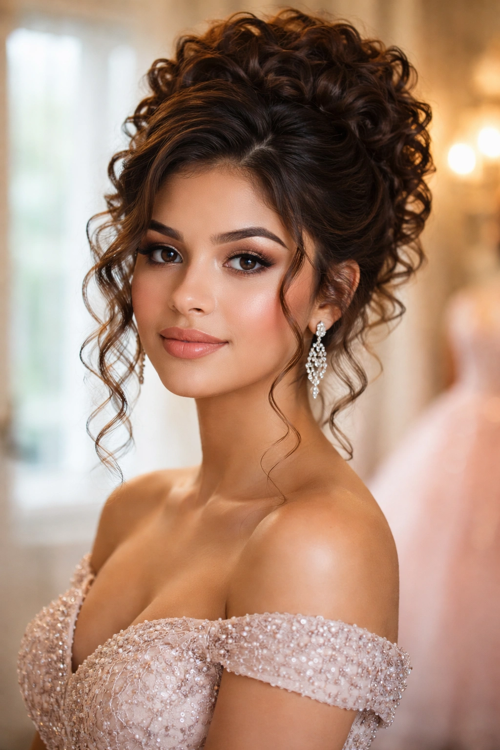 Close-up of a real woman with a full curly updo and soft tendrils for quinceañera hairstyle