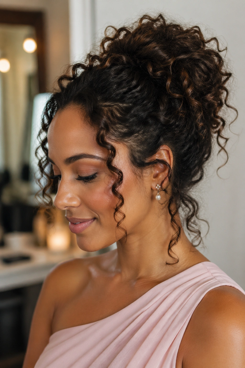 Real woman's head with a curly updo and loose tendrils.