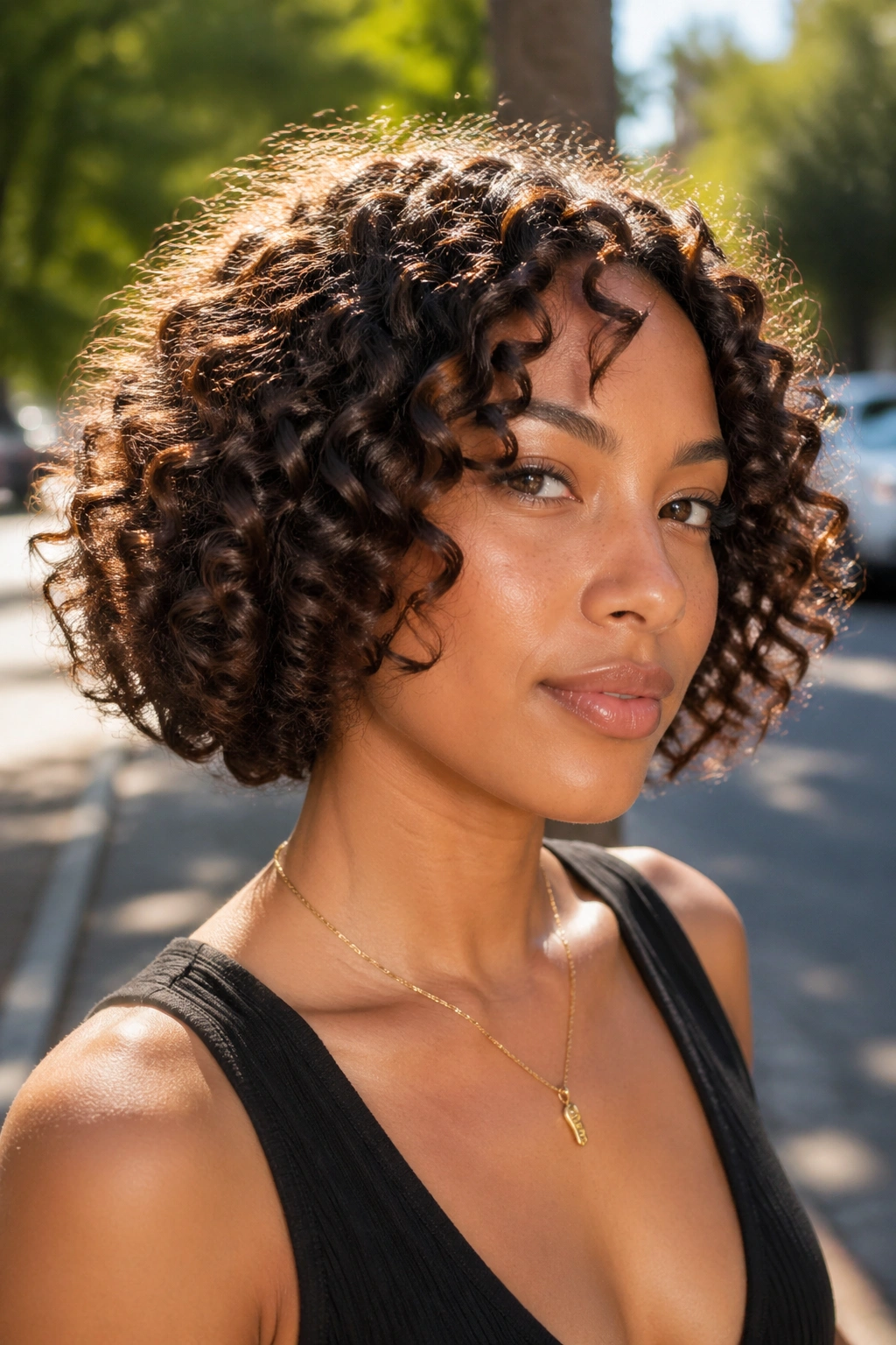 Portrait of real woman with chin-length curly wand bob