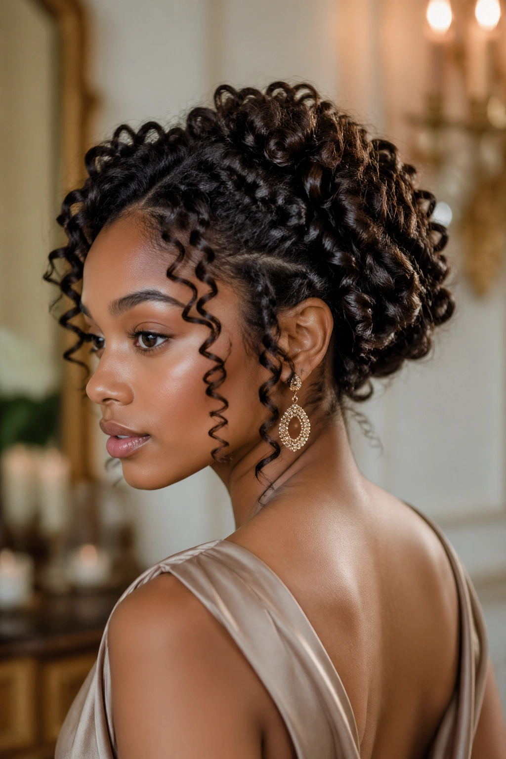 Real woman wearing a curly wand updo