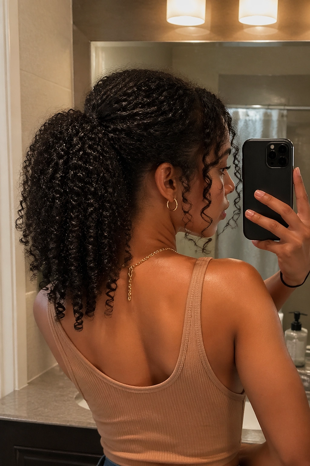 Over-the-shoulder selfie of curly wash-and-go mid ponytail in bathroom.