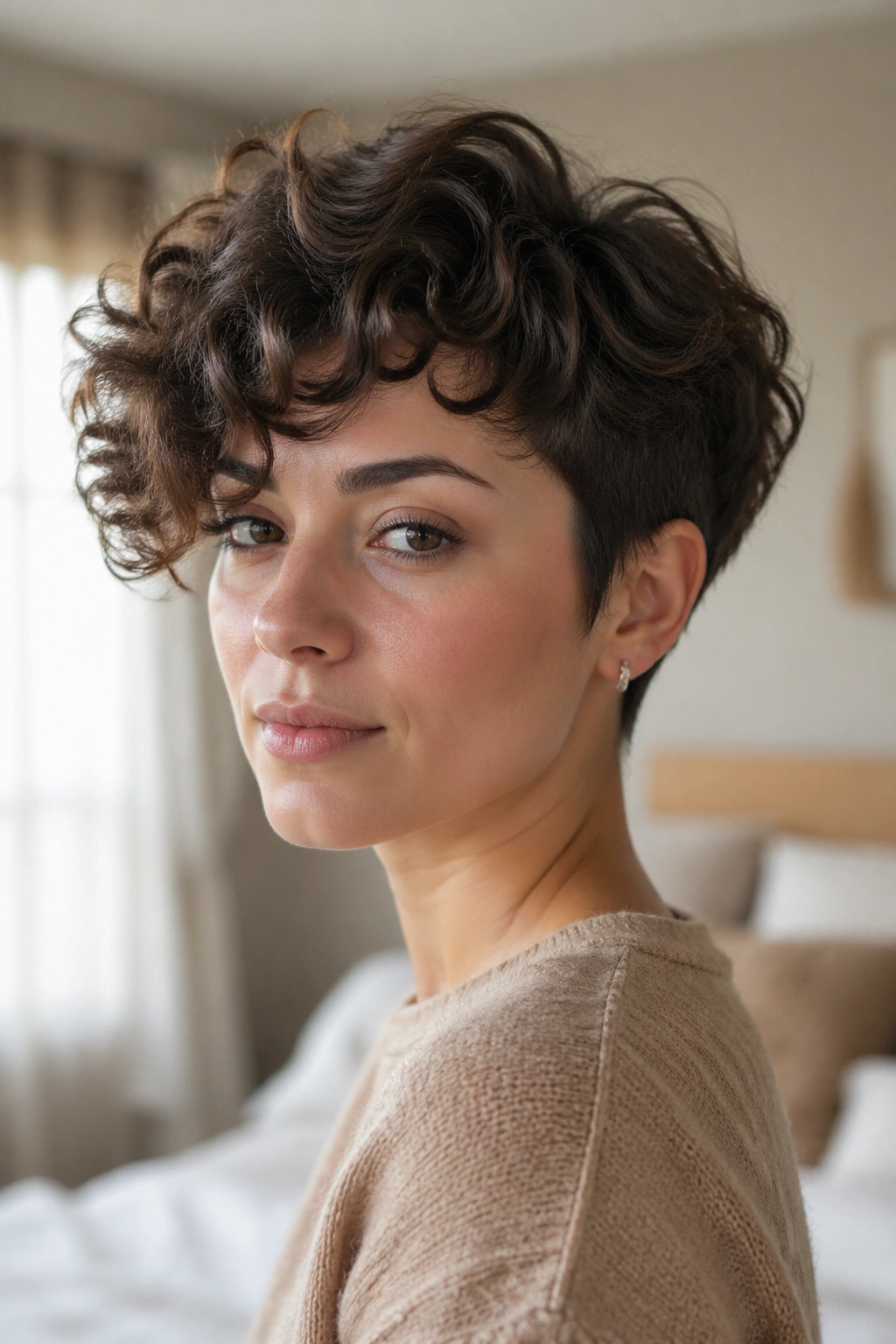 Close-up of real woman with Curly-Wavy Crop with Long Top under warm window light