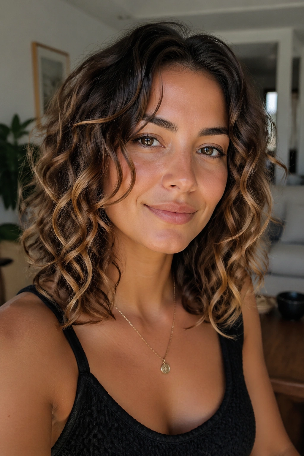Close-up of a woman with curly-wavy hair, looser front and defined ends