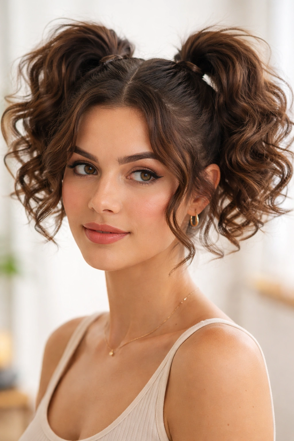 Curly or wavy double ponytails with lift on short hair showing crown and bounce