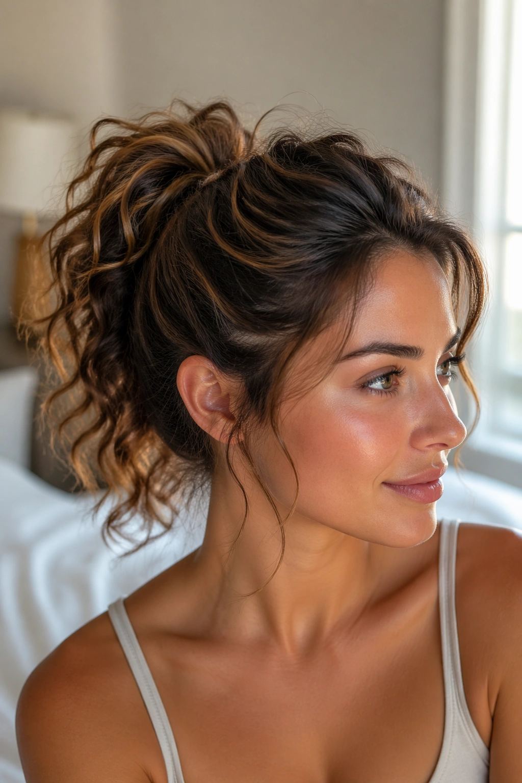 Close-up of a real woman with a curly-wavy puffed ponytail