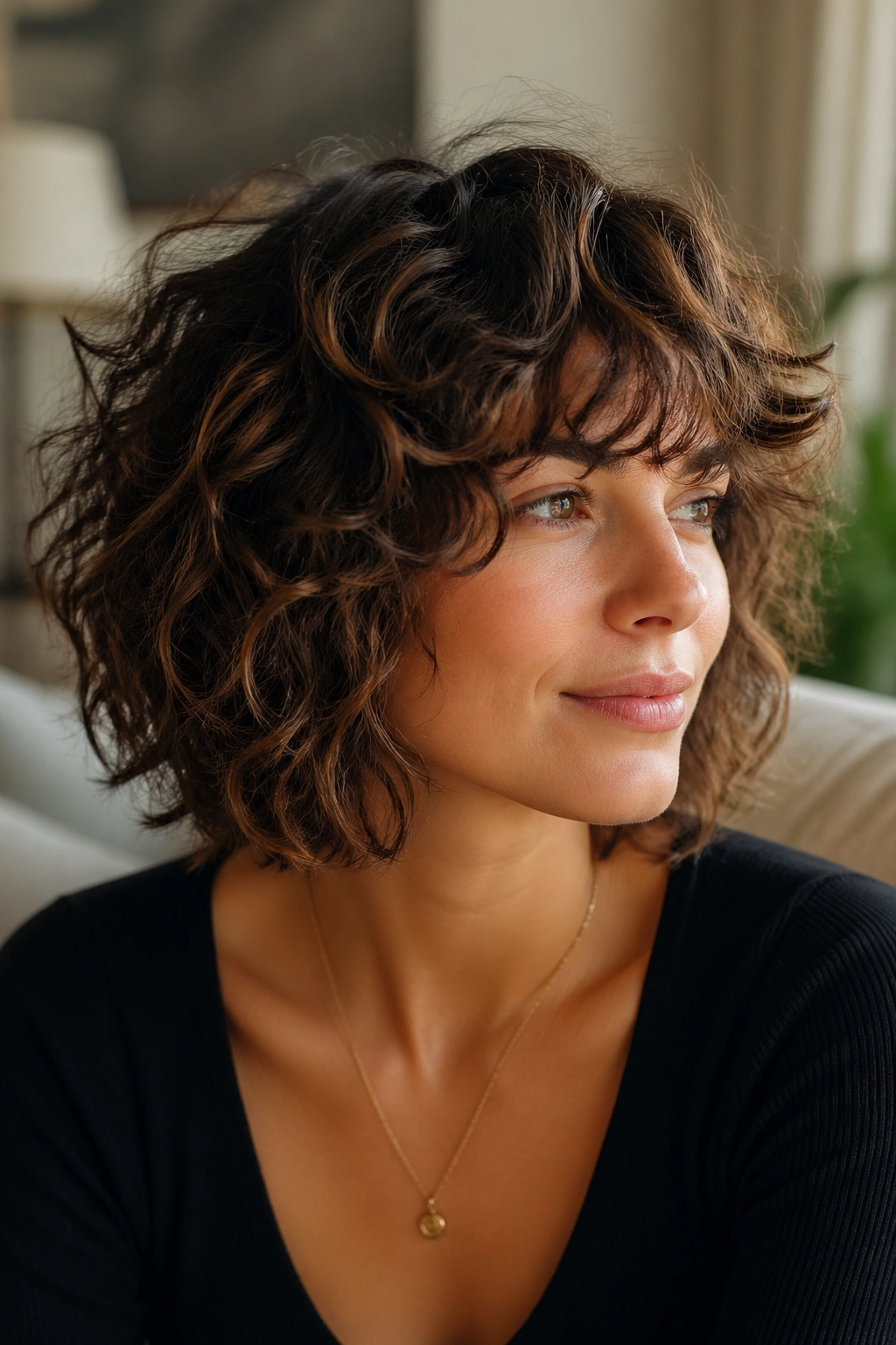 Close-up of a real woman with curly-wavy shag bob in cozy living room light