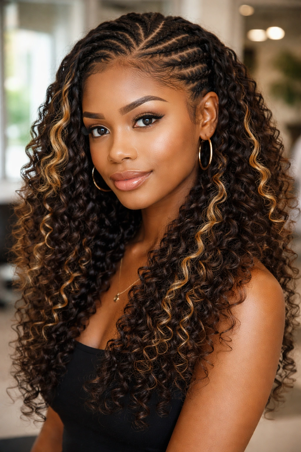 Close-up of a real woman with a cornrow base and blonde-highlighted curly weave.