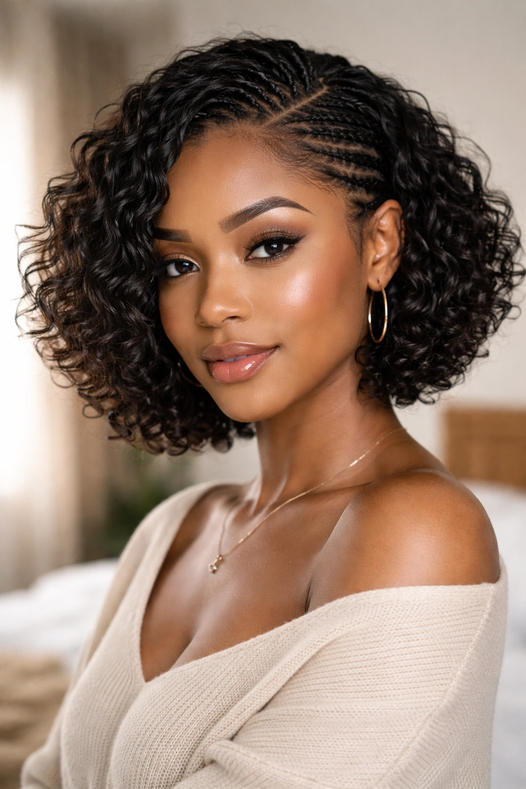 Close-up of a real person with chin-length curly weave bob over cornrows