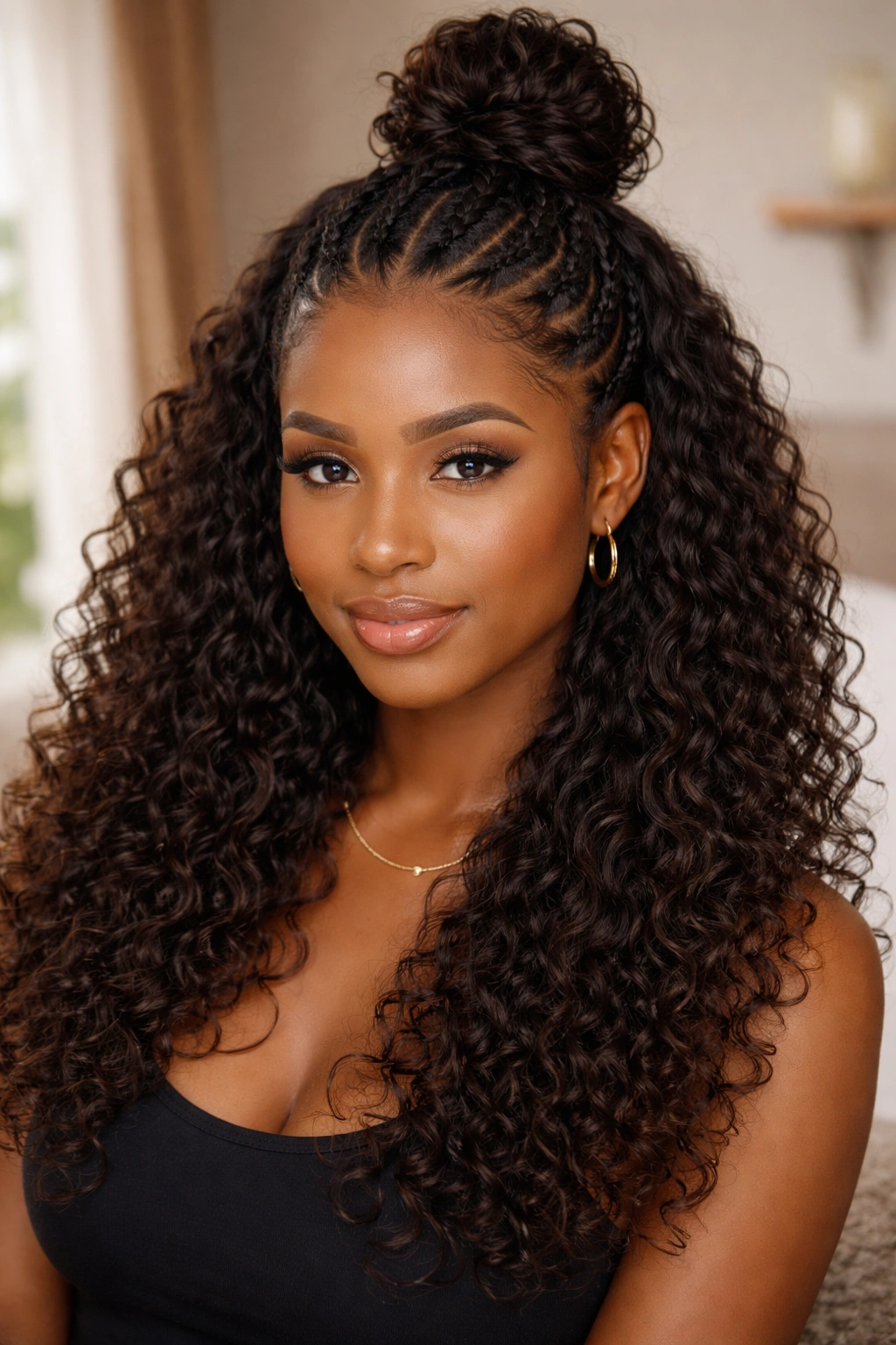 Close-up of a real woman with Curly Weave With Half-Bun Top Section hairstyle featuring cornrow base and half-bun