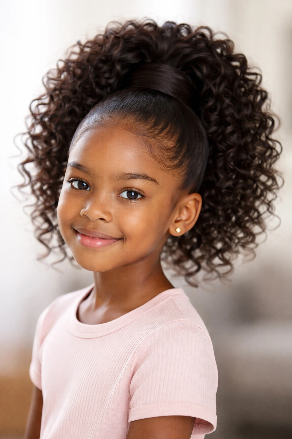 Close-up of a child with a curly wrap-around high pony