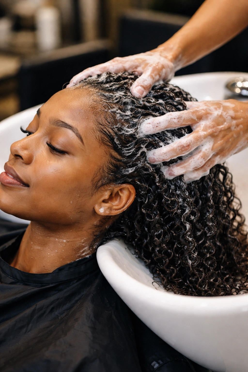 Close-up of a real person's head with wet hair being prepped for curly weave install
