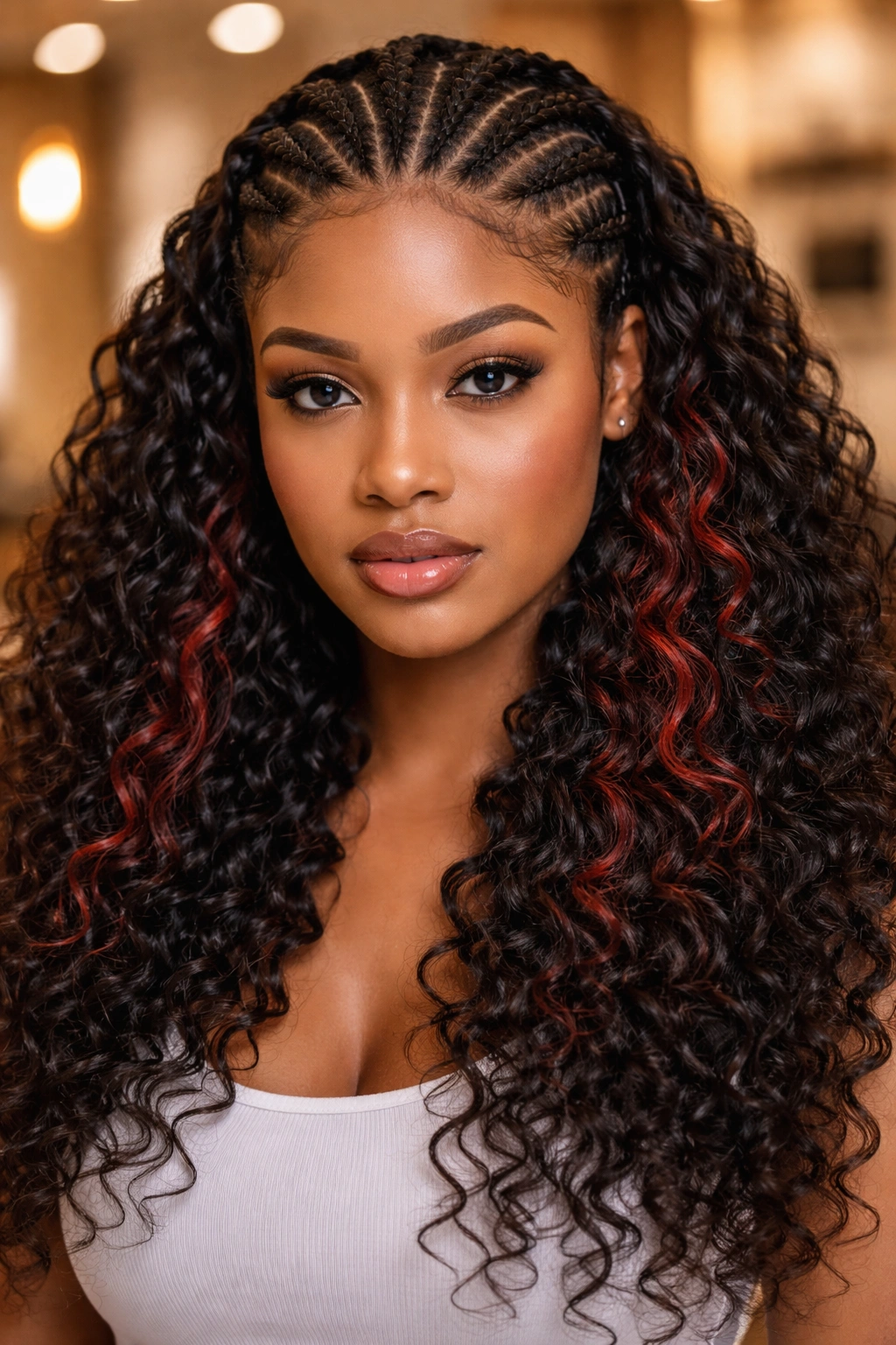 Close-up of curly weave with red accent bundles on a real person
