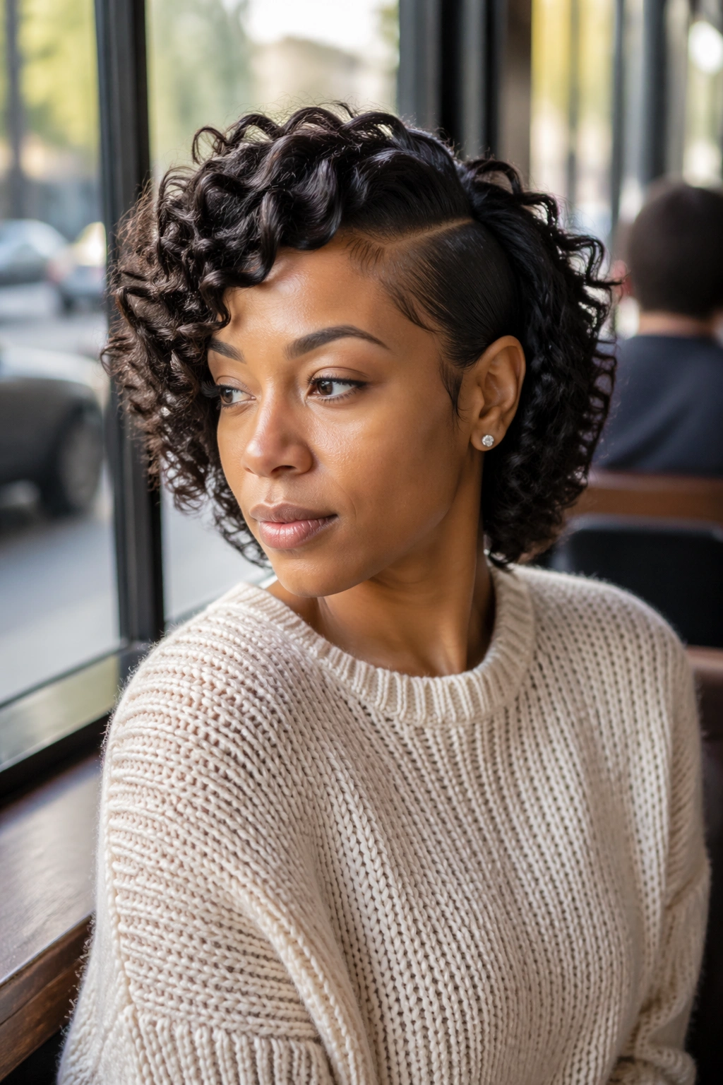 Deep side-part curly weave with one ear exposed in cafe window light