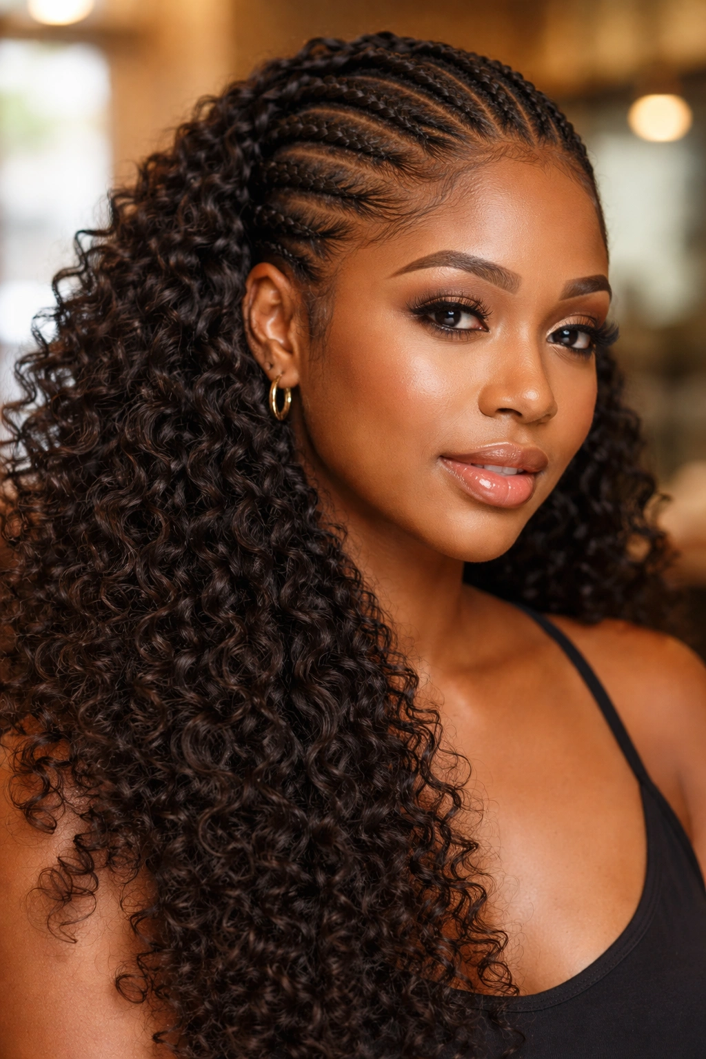 Close-up of a real woman with curly weave texture against the scalp in a warm salon