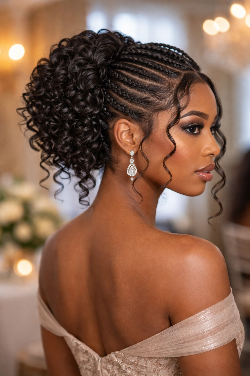 Real person with formal curly weave updo and face-framing tendrils