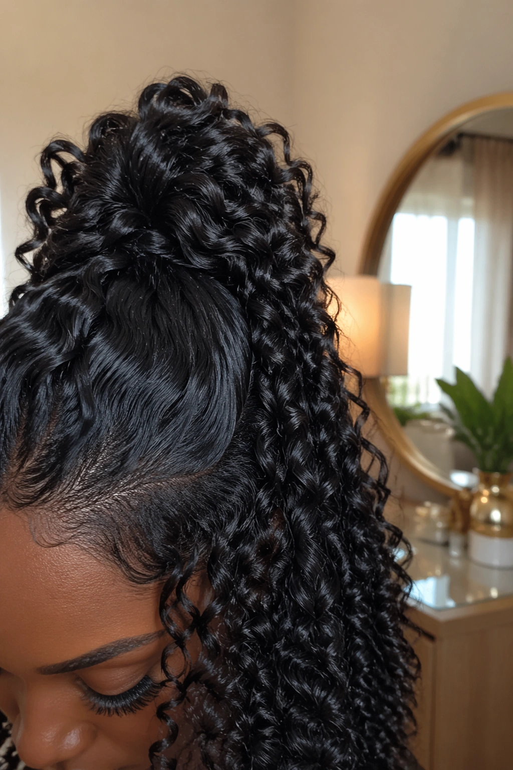 Close-up of high crown lift and defined curls on a curly wig.