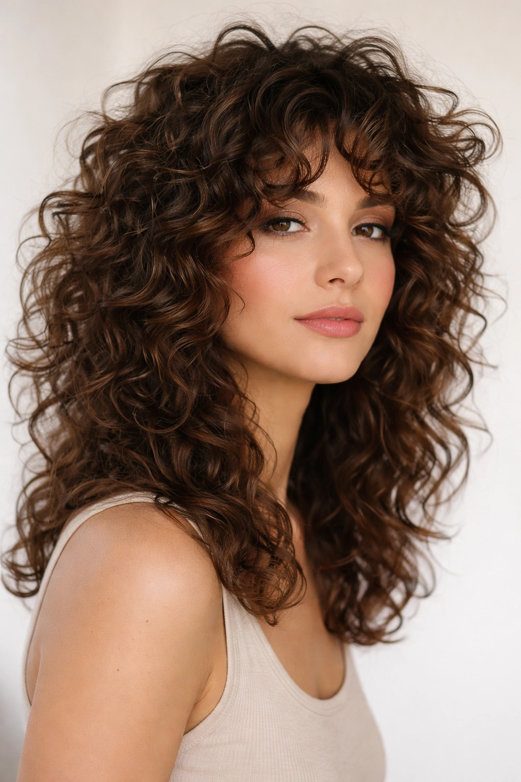 Curly wolf cut with soft edges on thick curls, lifted crown