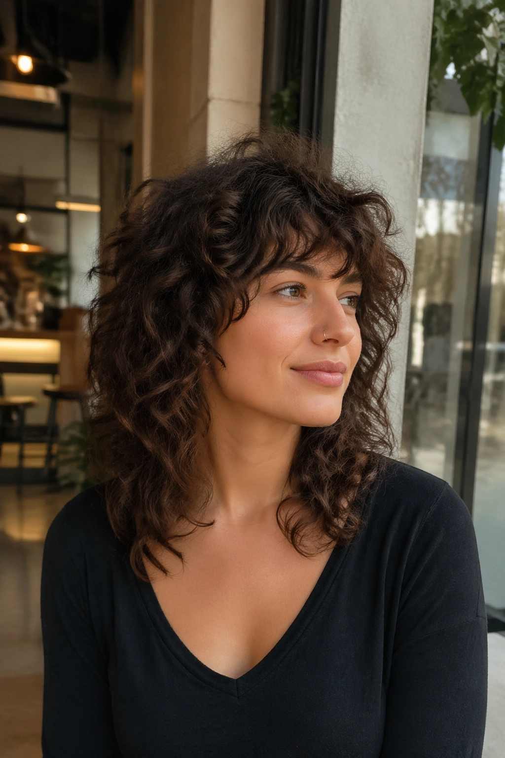 Curly wolf cut in a cafe window light