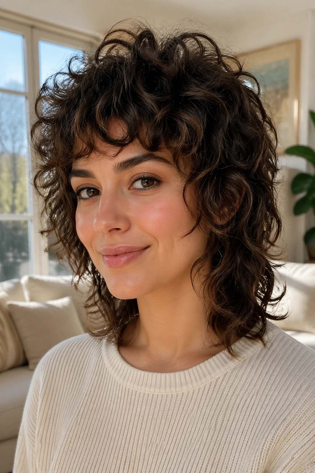 Close-up portrait of a real woman with curly wolf cut hairstyle in a sunlit living room.