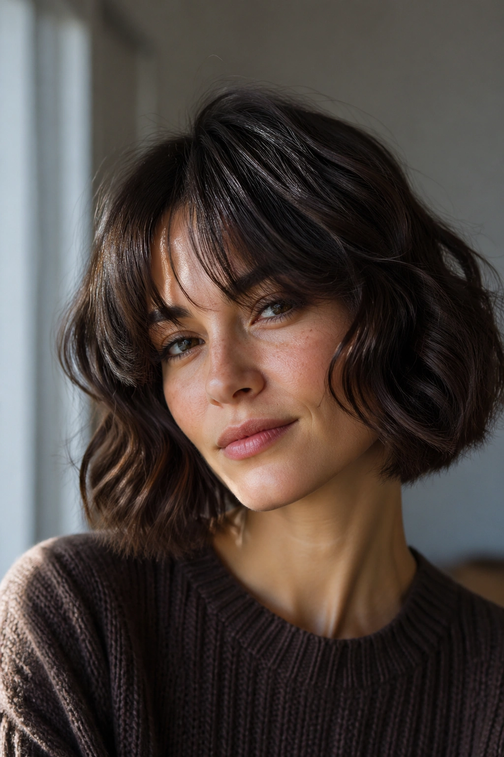 Real woman with curtain-bang bob under natural light.