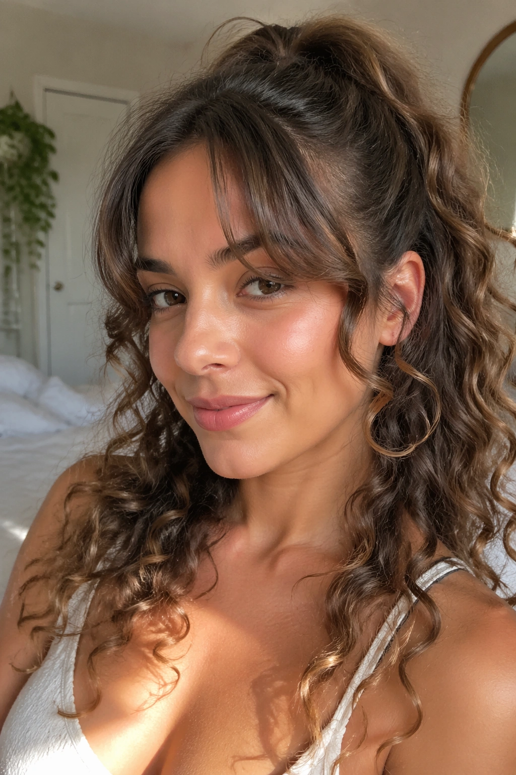 Close-up of a real woman's curtain bang half ponytail