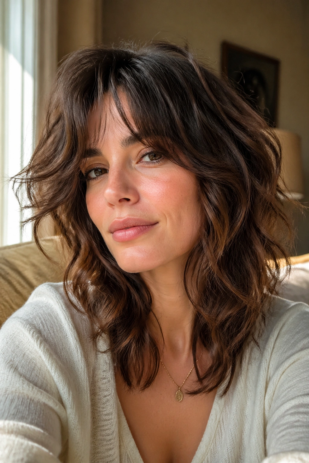 Close-up portrait of a real woman with curtain bangs and wavy shag in soft window light