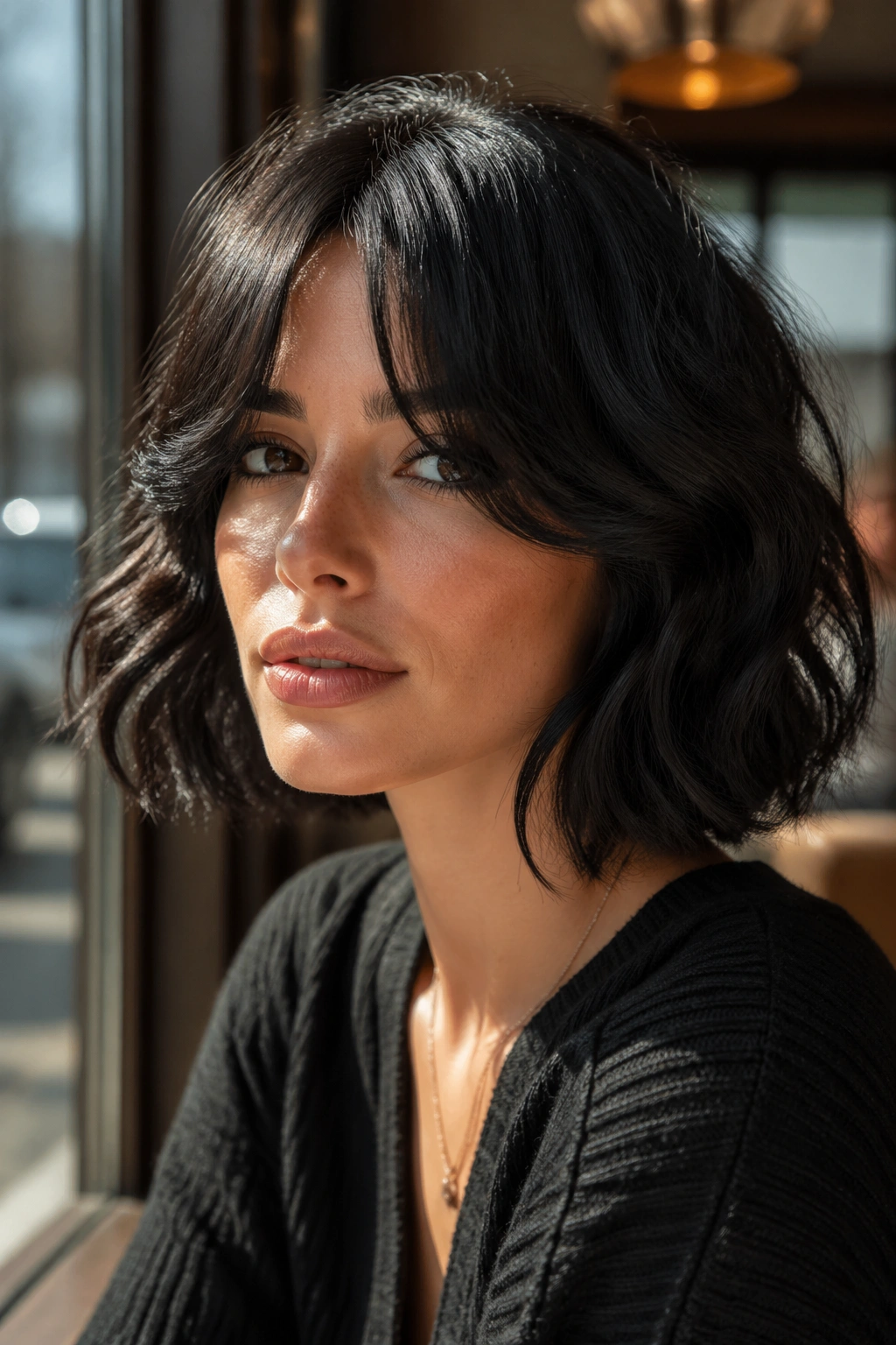 Portrait of a real woman with center-parted curtain bangs and a dark wavy bob.