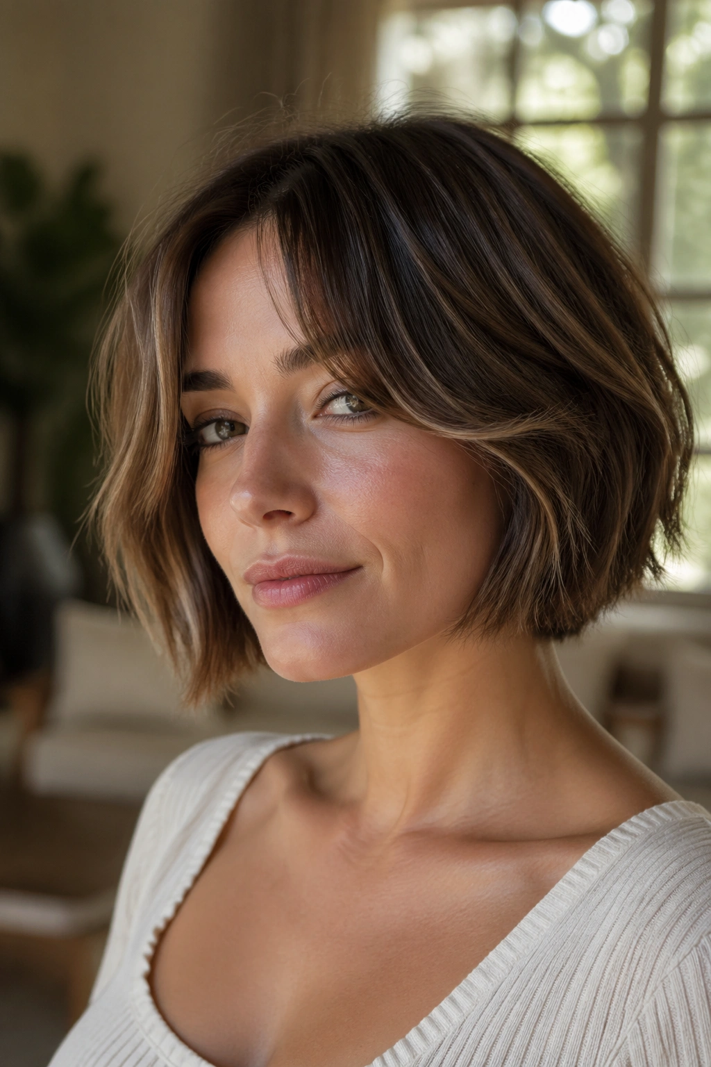 Close-up portrait of a real woman with curtain bangs and jaw-length bob in warm window light