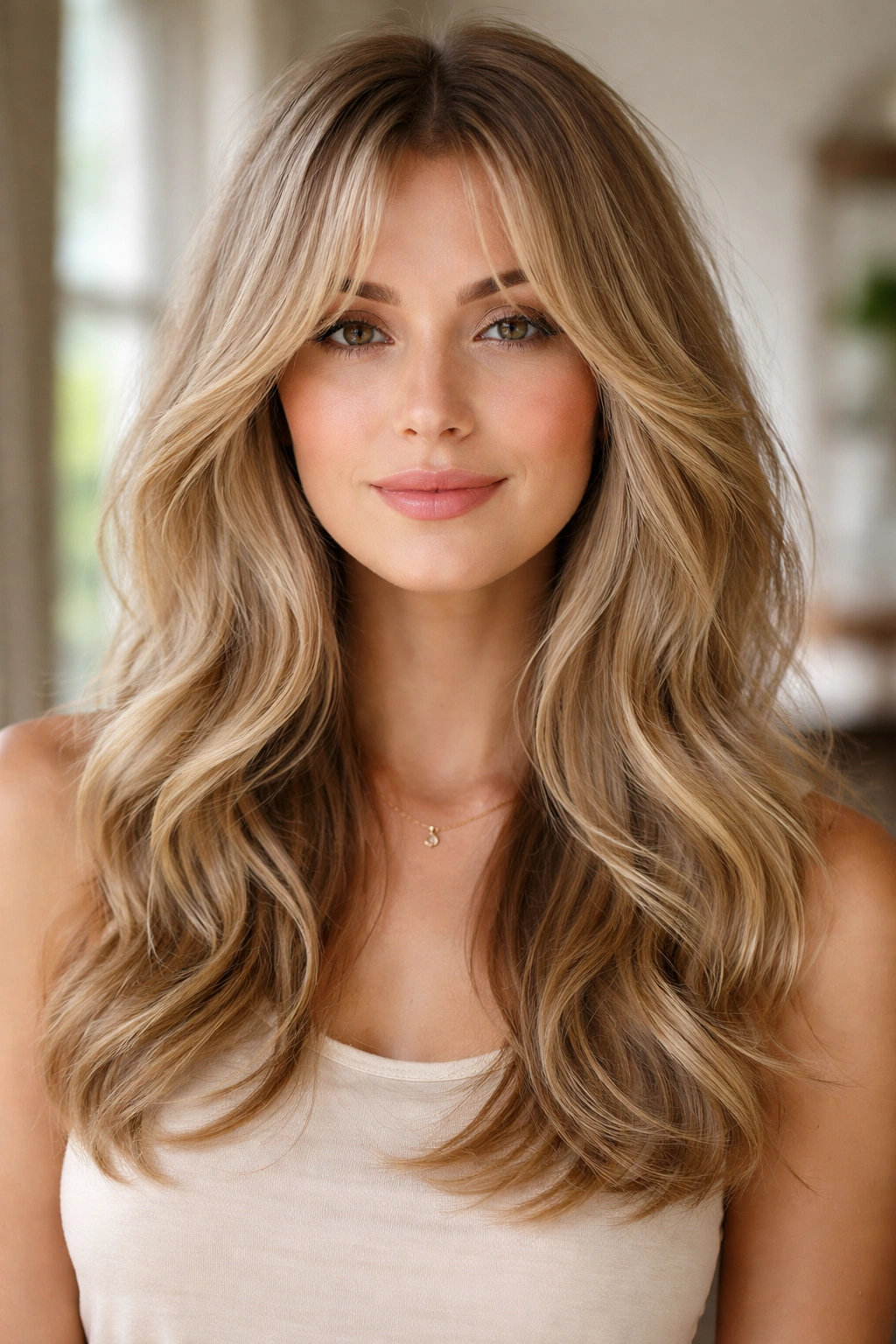 Close-up of a real woman with curtain bangs and cascading layers