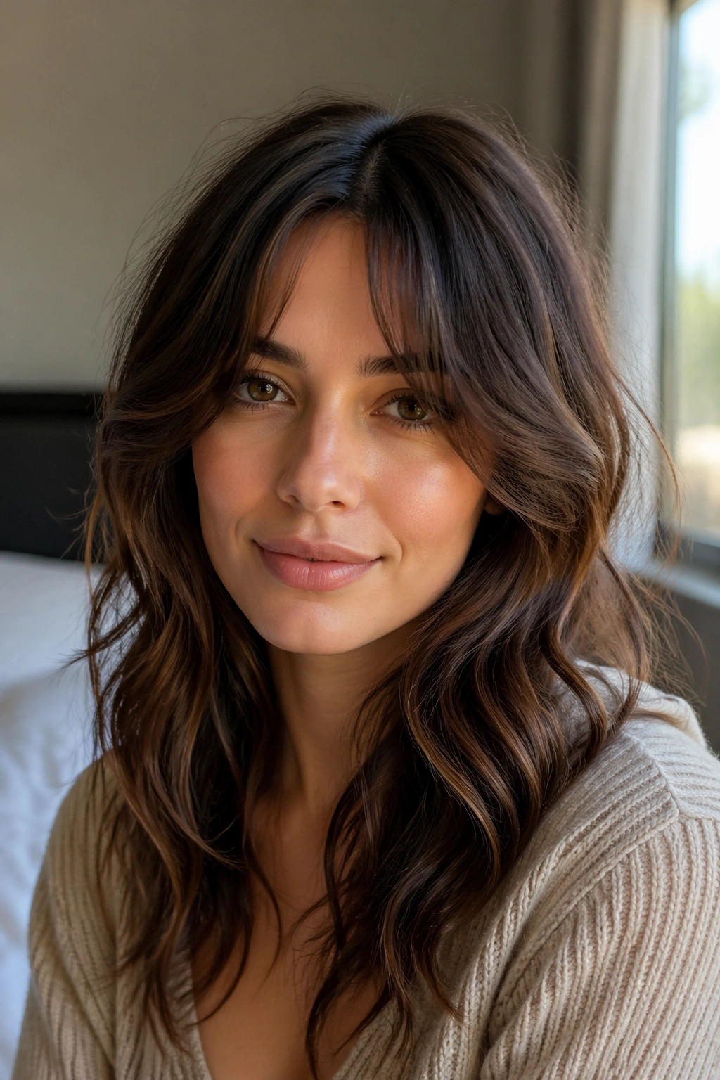 Close-up of a real woman with curtain bangs skimming the cheekbones in warm window light.