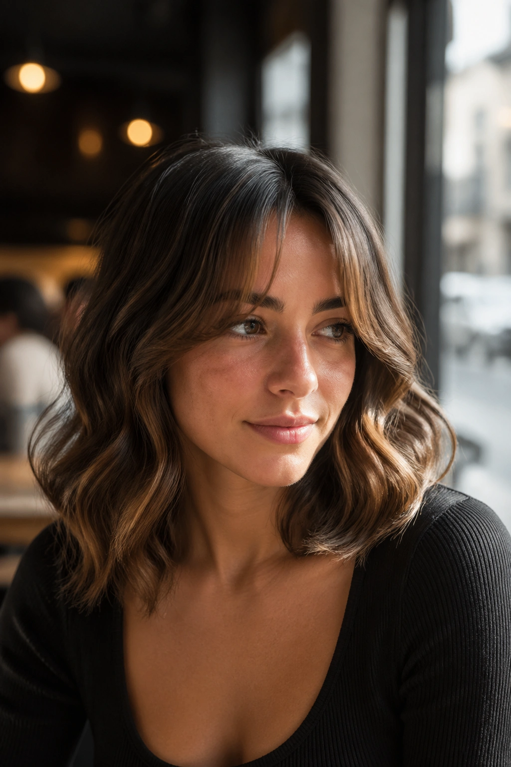 Close-up of a woman with curtain bangs and collarbone-length waves in a sunlit cafe setting