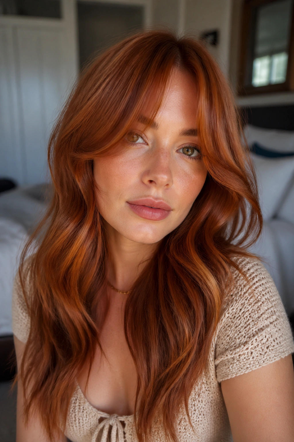 Close-up portrait of curtain bangs opening at the cheekbones on copper-red wavy hair