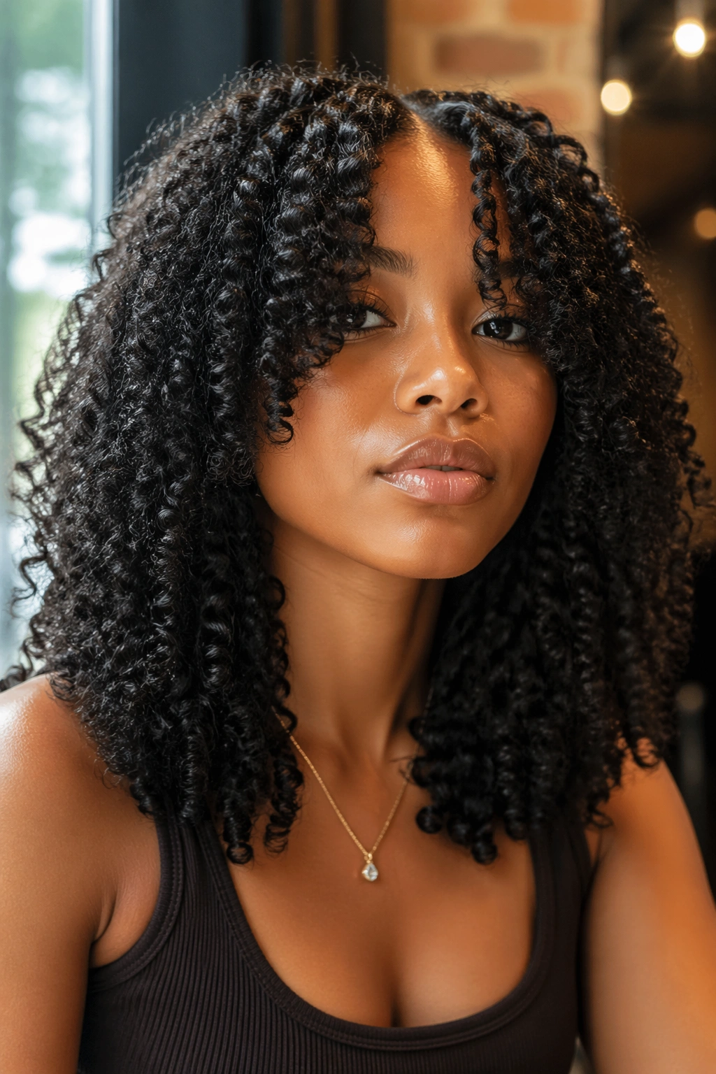 Real woman with curtain bangs and curly crochet curls at a cafe window
