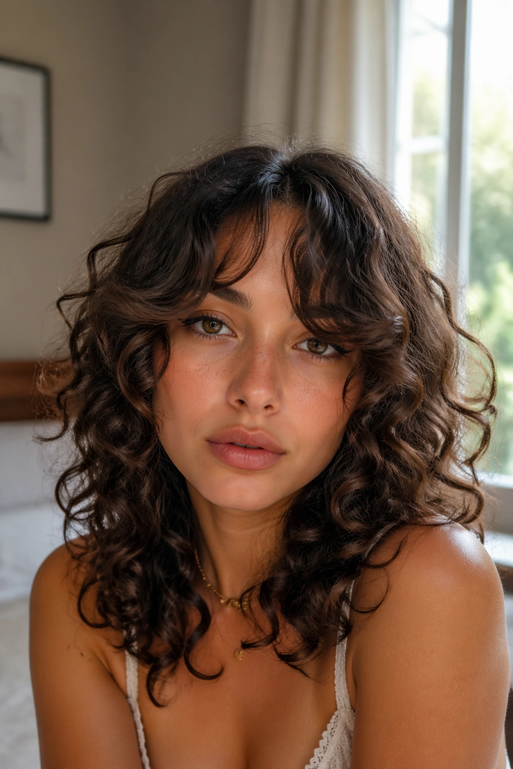 Close-up of a real woman's curtain bangs on curly hair with soft lighting