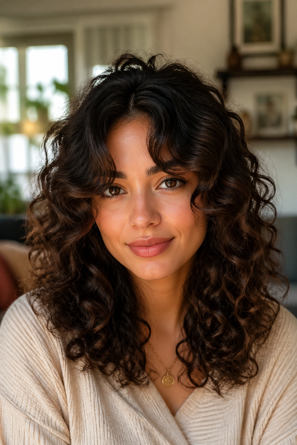 Close-up of a real woman with curtain bangs on curly hair, center-part fringe framing the cheeks
