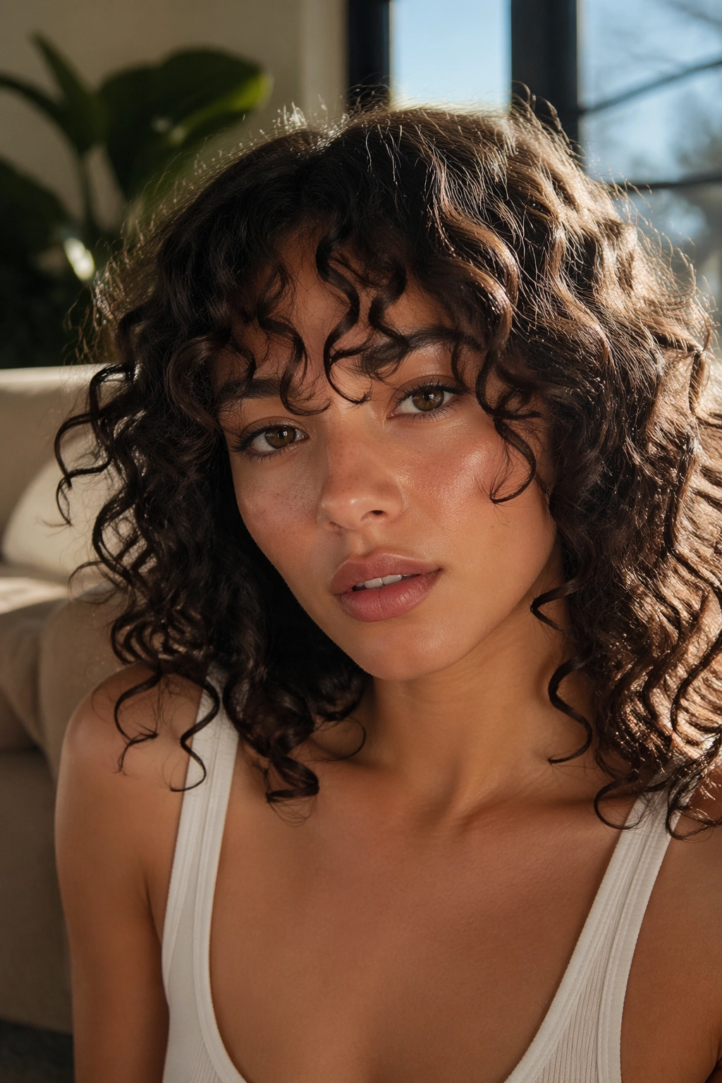 Close-up portrait of a real person with curtain bangs showing curly texture under warm light.