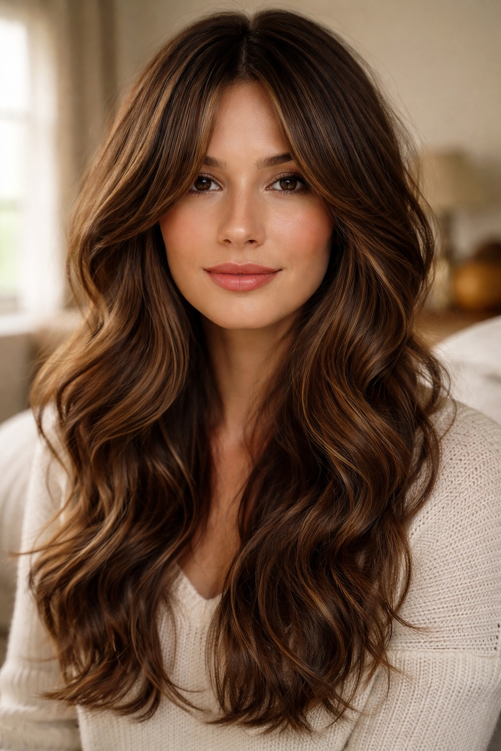 Close-up of a real person wearing long curtain bangs blended into face-framing layers with soft window light