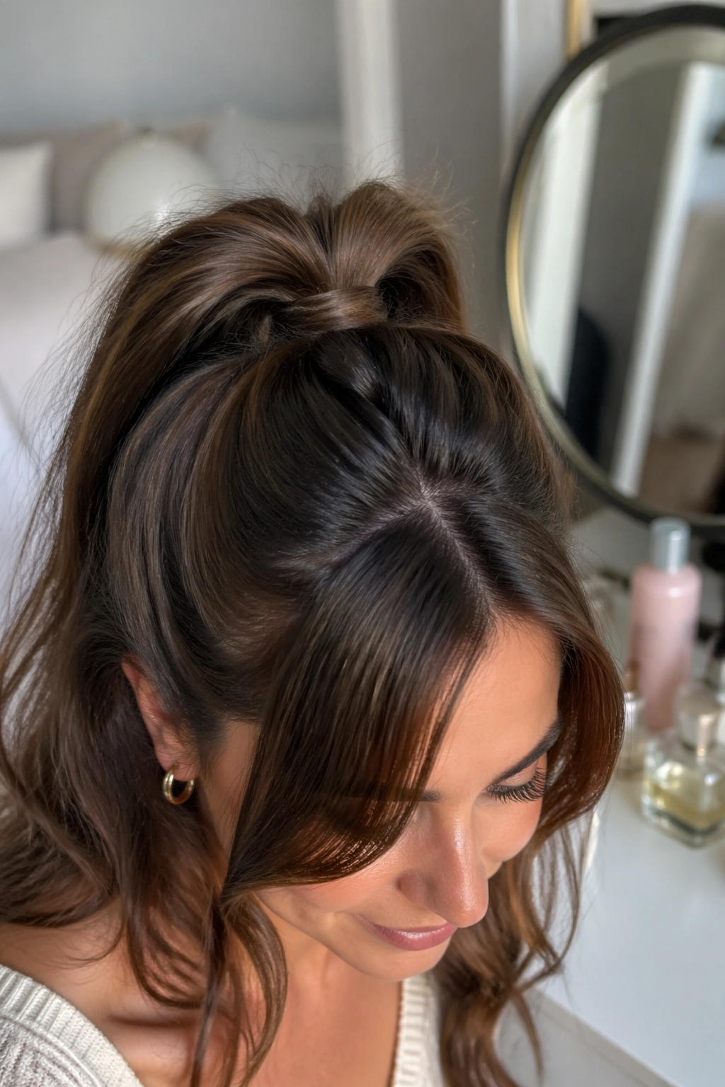 Close-up of high half-up ponytail with curtain bangs showing crown lift and smooth bangs.