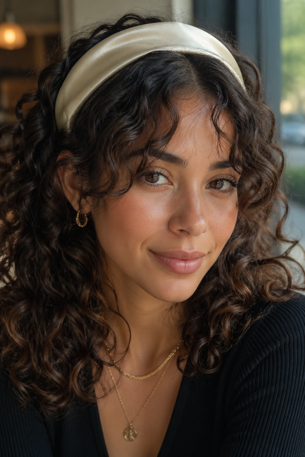 Close-up of curtain bangs with a wide headband behind them