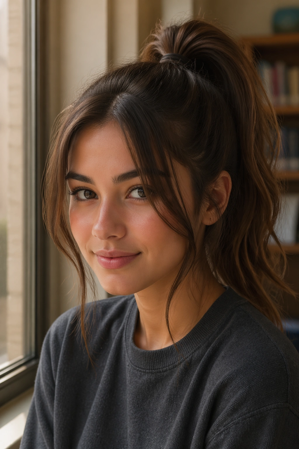Close-up of a real person with curtain bangs and a high ponytail in a sunlit classroom