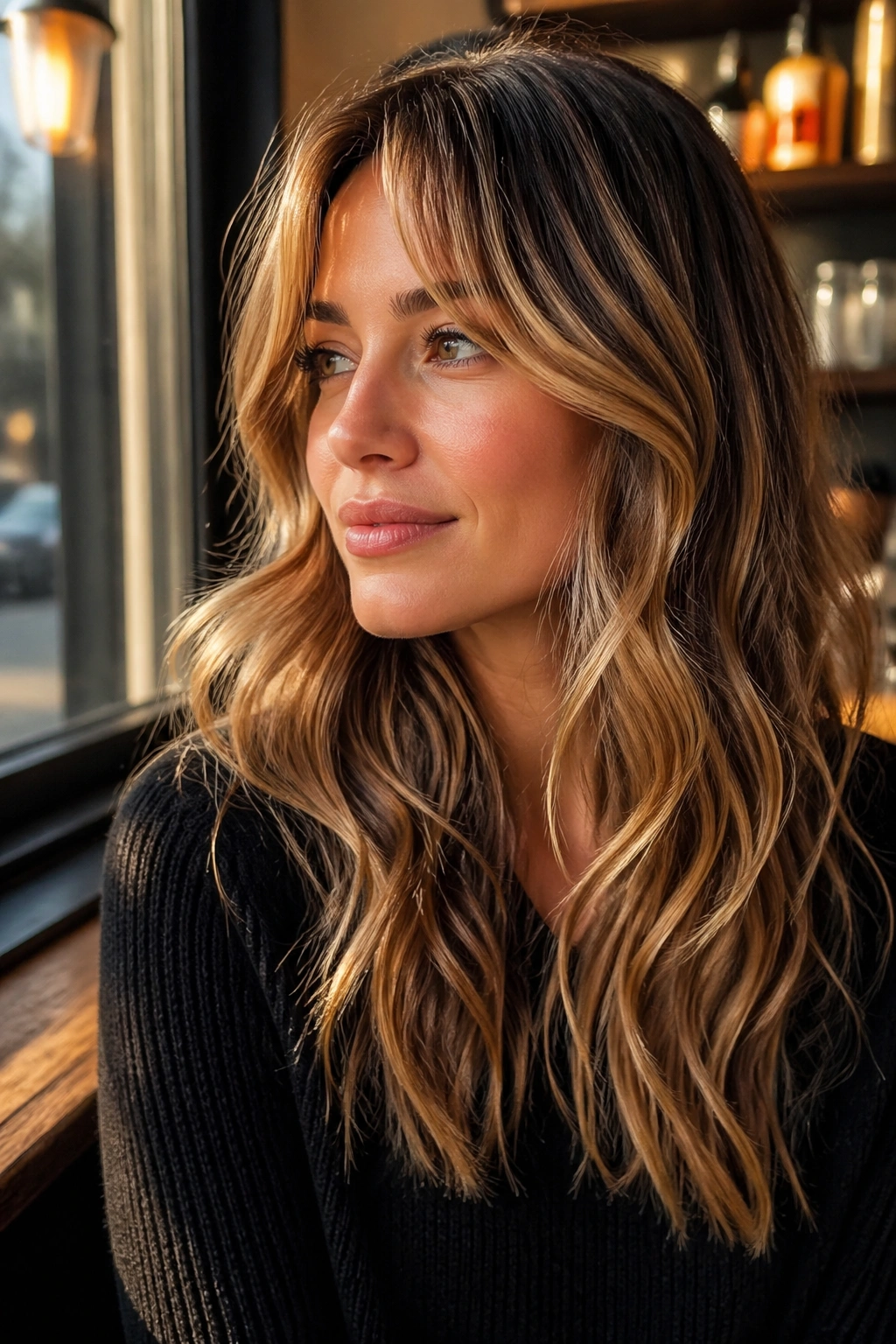Close-up of a real woman with curtain bangs and honey-gold waves in warm window light