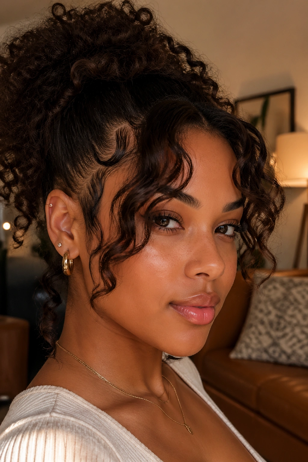 Close-up of curtain bangs with laid edges and temple swoops