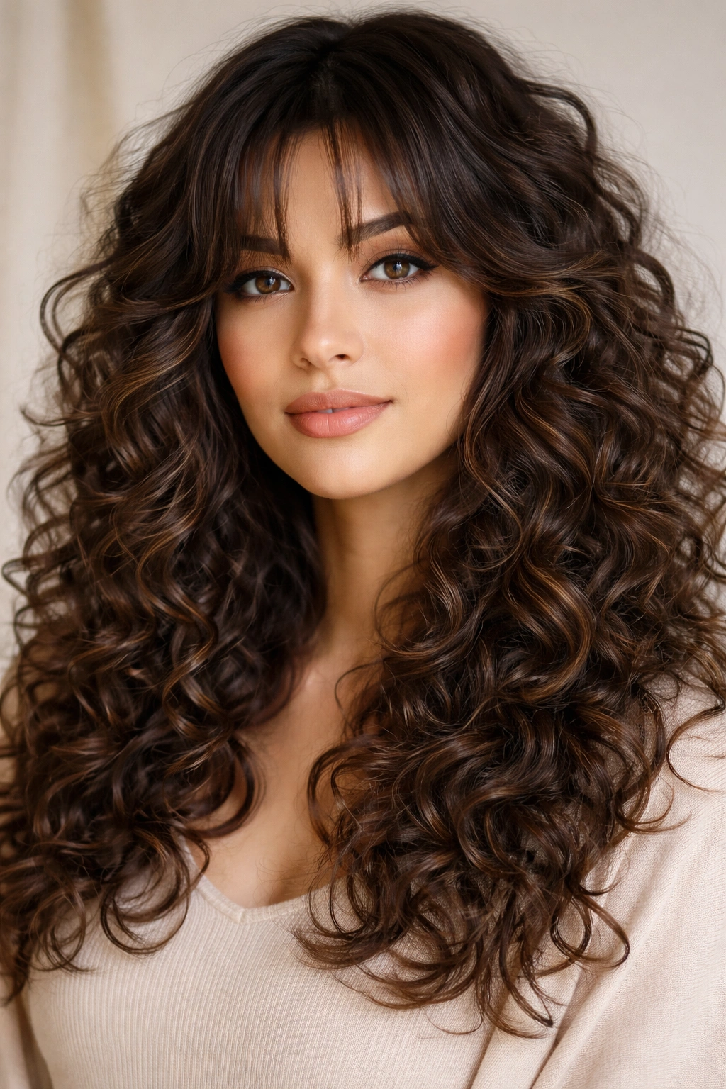 Model with curtain bangs and long layers on thick curls framing the face.