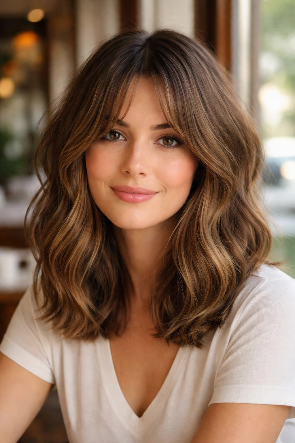Close-up portrait of a real person with curtain bangs and a lob