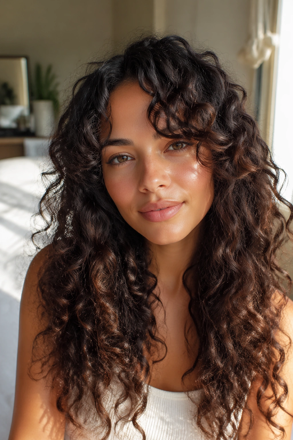 Close-up of a real woman with curtain bangs and long curls